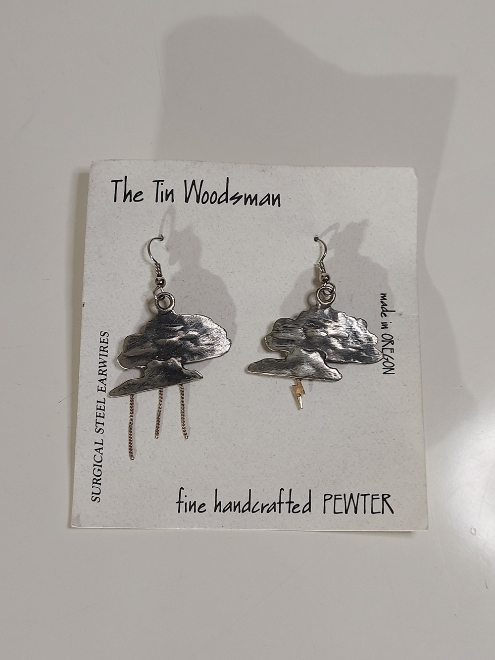 The Tin Woodsman Pewter Silver Toned Metal Stormcloud/Rain Thunder Earrings NWT